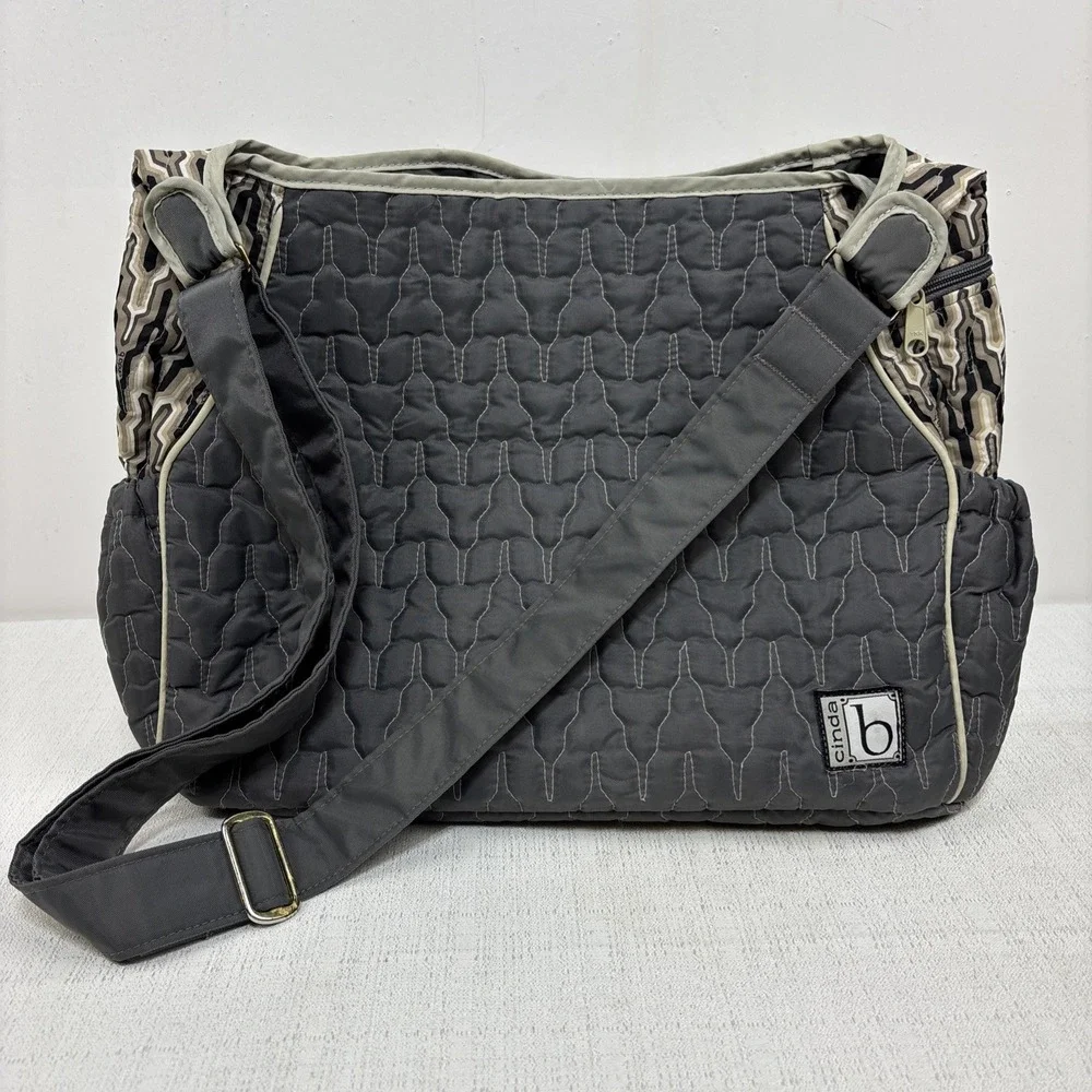 Cinda B Tote Bag Diaper Shoulder Bag Gray Quilted Adjustable Strap Snap Close‎